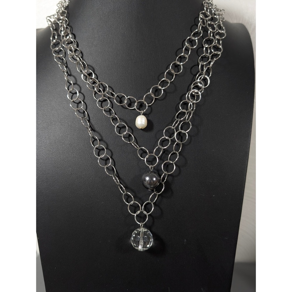 Cookie Lee Layered Chain Charm Necklace Convertible Pearl Glass Silver Tone 22"